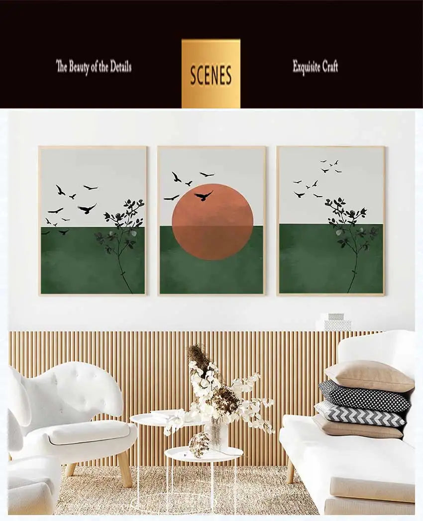 3-Piece Boho Sun & Mountain Canvas Wall Art | Geometric Poster Set Canvas Wall Art Set Peaceful Pleasures Health and Wellness