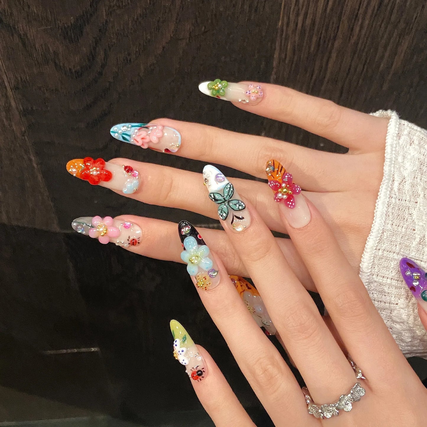 3D Floral Butterfly Press On Nails – Handmade Set of 10