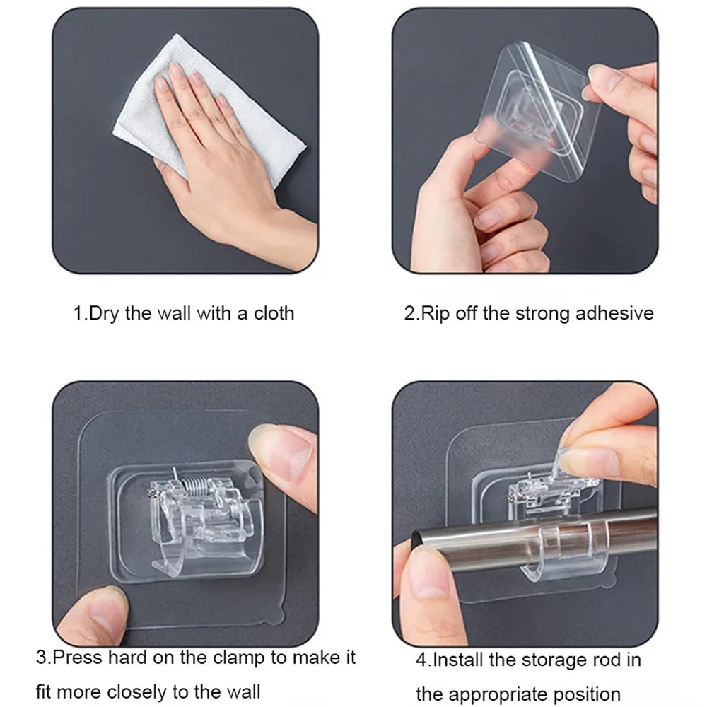 Self-Adhesive Curtain Rod Clip Hooks | No-Drill Wall Holder Set