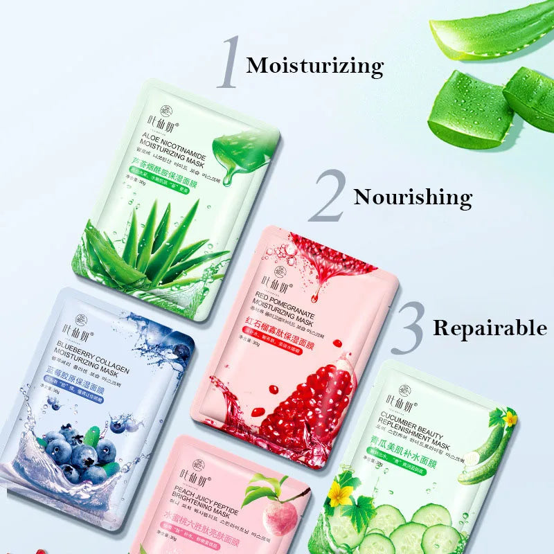 12-Piece Fruit Face Mask Set – Blueberry, Aloe & Cucumber Sheets