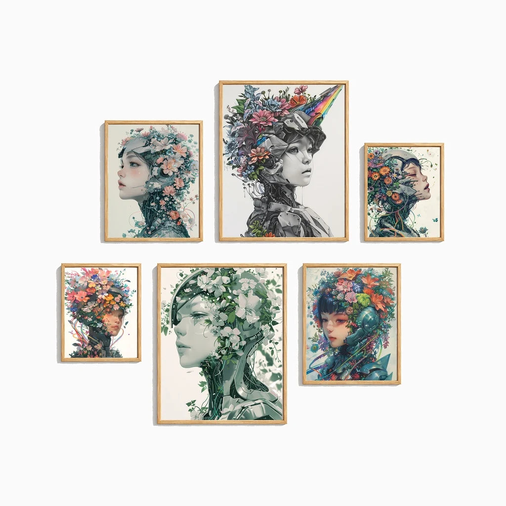 Nordic Robot Girl & Flowers Canvas Wall Art | Modern Poster Print Canvas Wall Art Print Peaceful Pleasures Health and Wellness