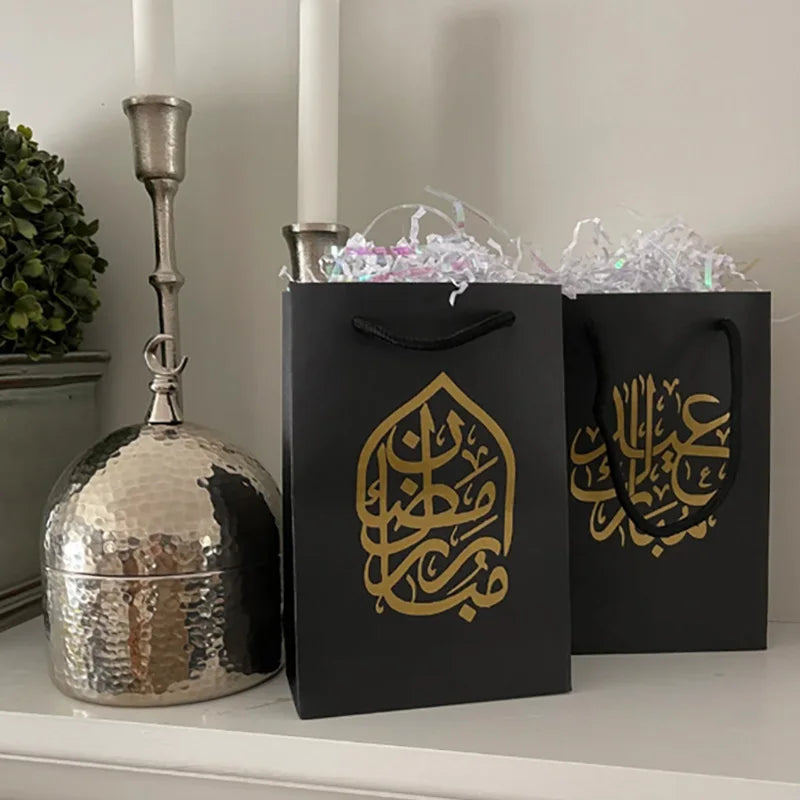 5-Pack Black Ramadan Mubarak Gift Bags | Eid Al-Fitr Kraft Paper Holiday Gift Bags Peaceful Pleasures Health and Wellness