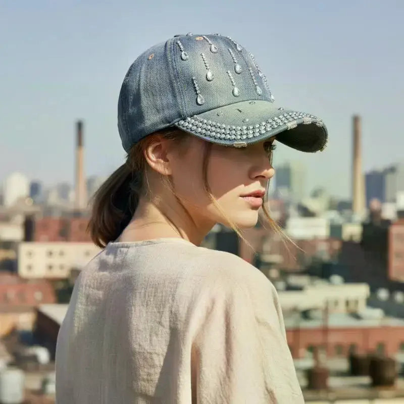 Rhinestone Bling Denim Baseball Cap – Women's Adjustable Hat