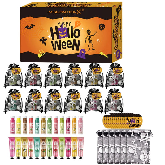 12 Halloween gift sets/box, lip balm set, hand cream set, Easter, skull mesh bag and pumpkin card, Trick or treat Peaceful Pleasures Health and Wellness