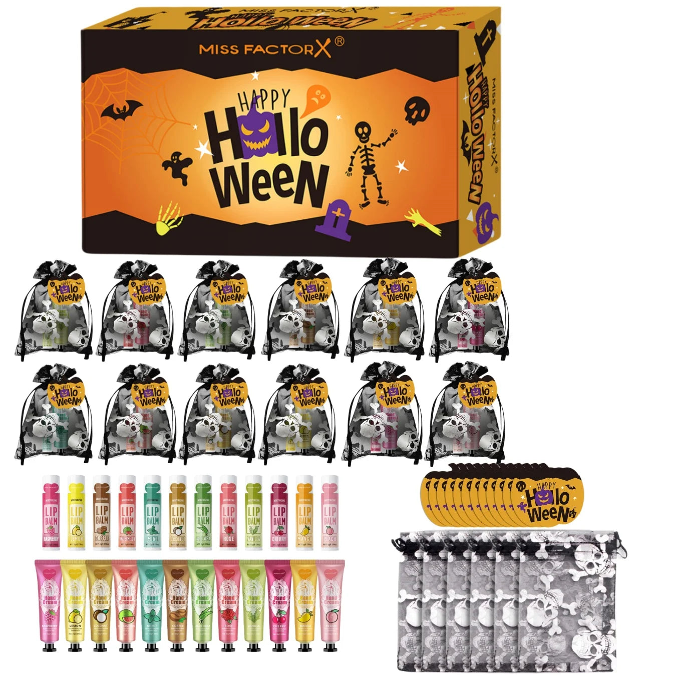 12 Halloween gift sets/box, lip balm set, hand cream set, Easter, skull mesh bag and pumpkin card, Trick or treat Peaceful Pleasures Health and Wellness