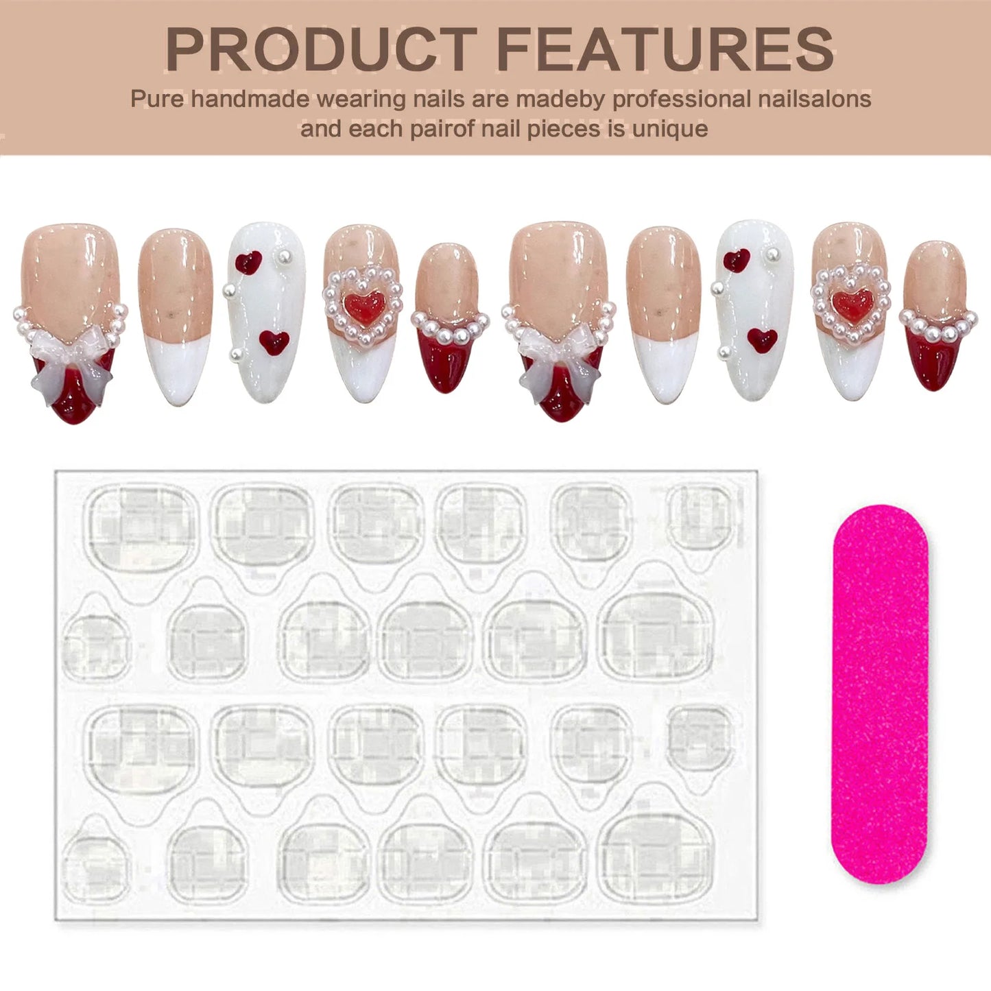 Red French Almond Press On Nails | Bow Pearl Design 10pcs