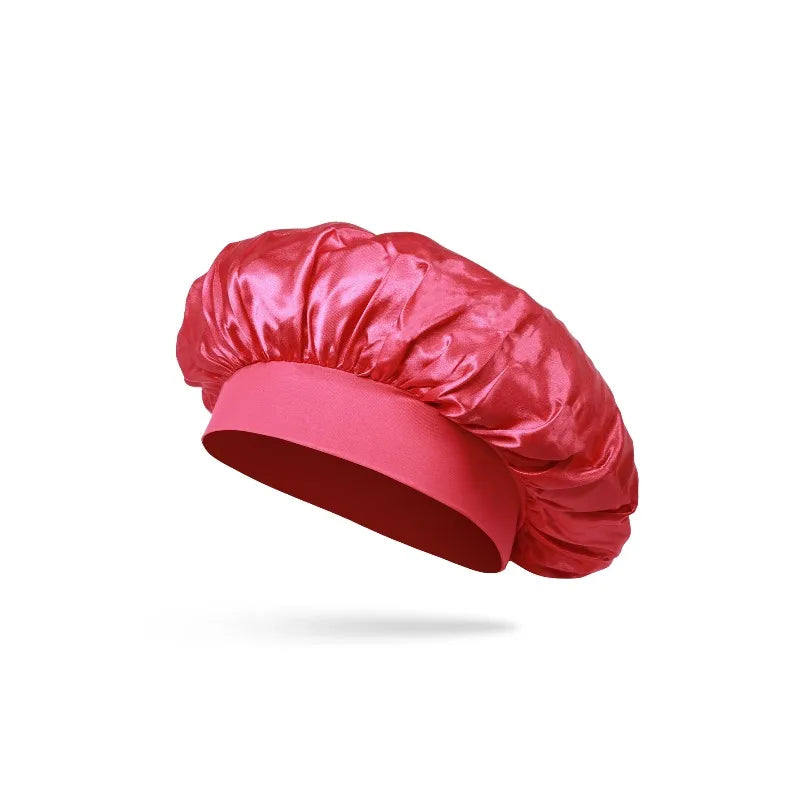 Silk Satin Bonnet for Sleeping Large Wide Soft Band Sleep Cap Women's Curly Hair Braids Protective Style Hair Accessory Peaceful Pleasures Health and Wellness Rose-Red