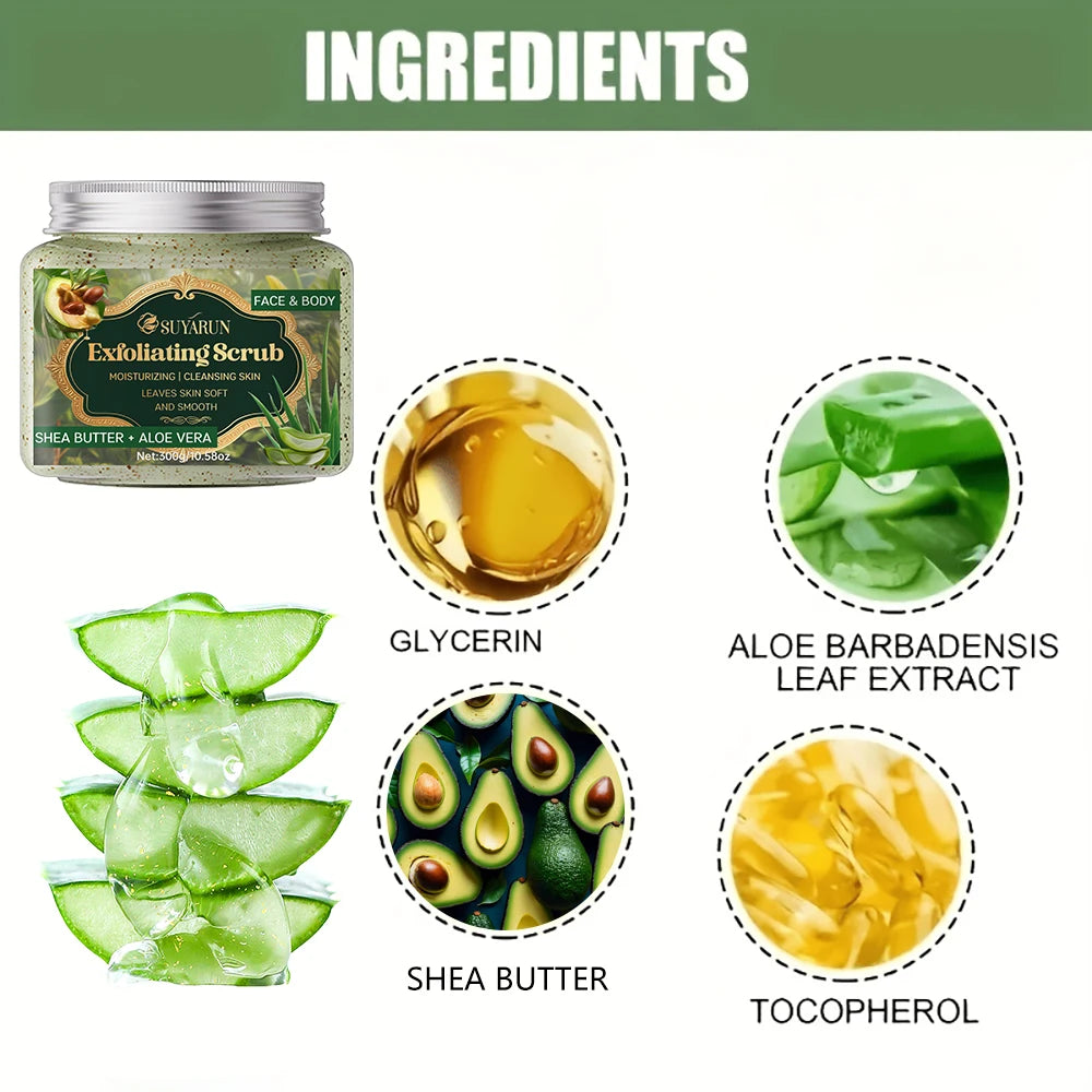 SUYARUN Shea Butter & Aloe Vera Exfoliating Scrub - Natural Face & Body Scrub, Gentle Exfoliator for Sensitive Skin. Peaceful Pleasures Health and Wellness