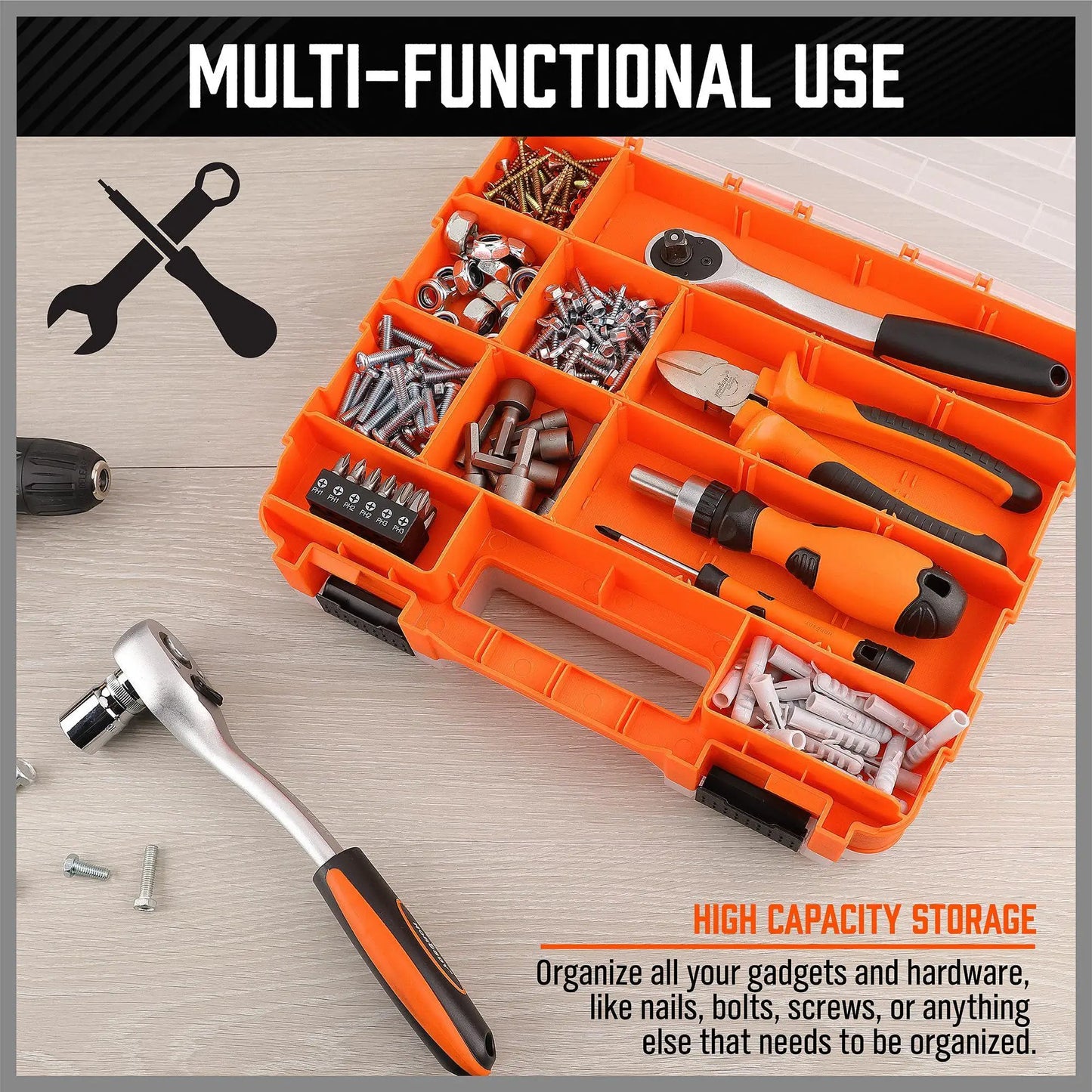 Portable Tool Box Organizer Double-Sided 34-Compartment Drill Bit Storage Bolt and Nut Case with Lid for Hardware Nail Bolt Nut Peaceful Pleasures Health and Wellness