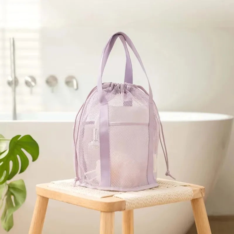 Large Capacity Travel Cosmetic Bag Organizer Foldable Mesh Nylon Casual Drawstring Rope Bundle Pocket Swim Washing Bag Peaceful Pleasures Health and Wellness PURPLE