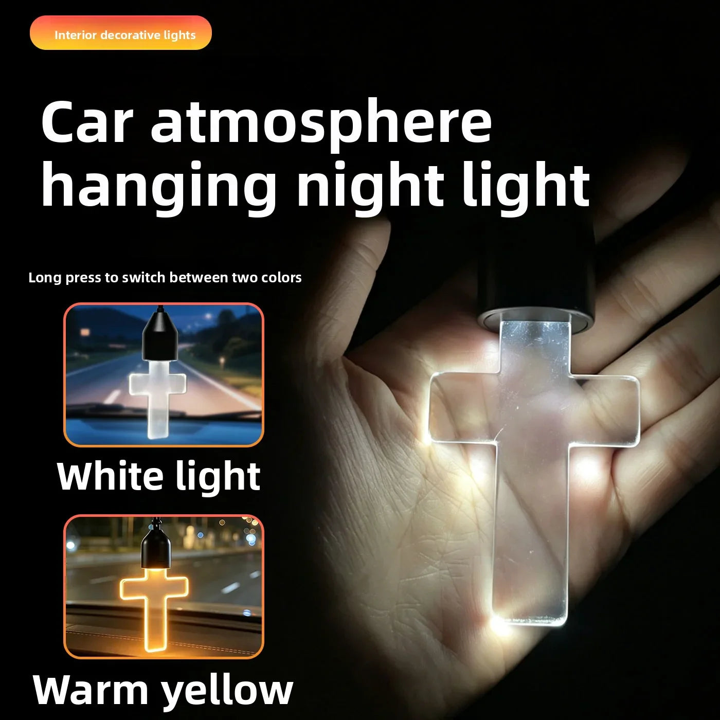 Crystal Cross Car Mirror Pendant LED Ambient Night Light