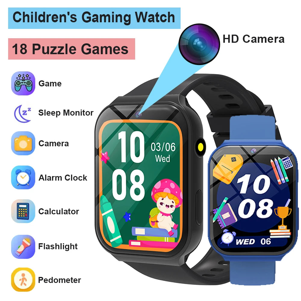 New Smartwatch For Kids HD Camera Flashlight Study Partners Multi Games Calculator Children's Day Birthday Gift Boys Girls HW12 Peaceful Pleasures Health and Wellness 1Bk1Bl Game watch for kids