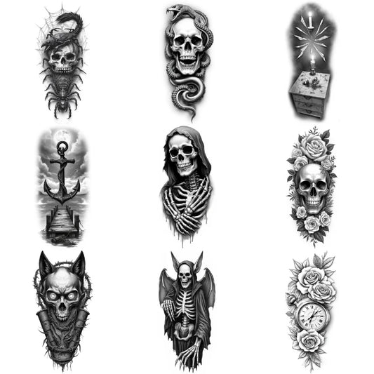 3-Pack Black & Grey Realism Temporary Tattoos – Roses & Skeleton Temporary Tattoo Set Oasis Select