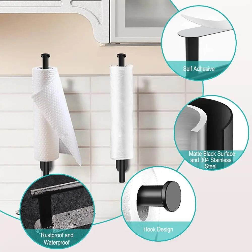 Self Adhesive Paper Towel Holder Under Cabinet Mount Wall Paper Roll Rack Kitchen Cabinet Bathroom SUS304 Stainless Steel Black Peaceful Pleasures Health and Wellness