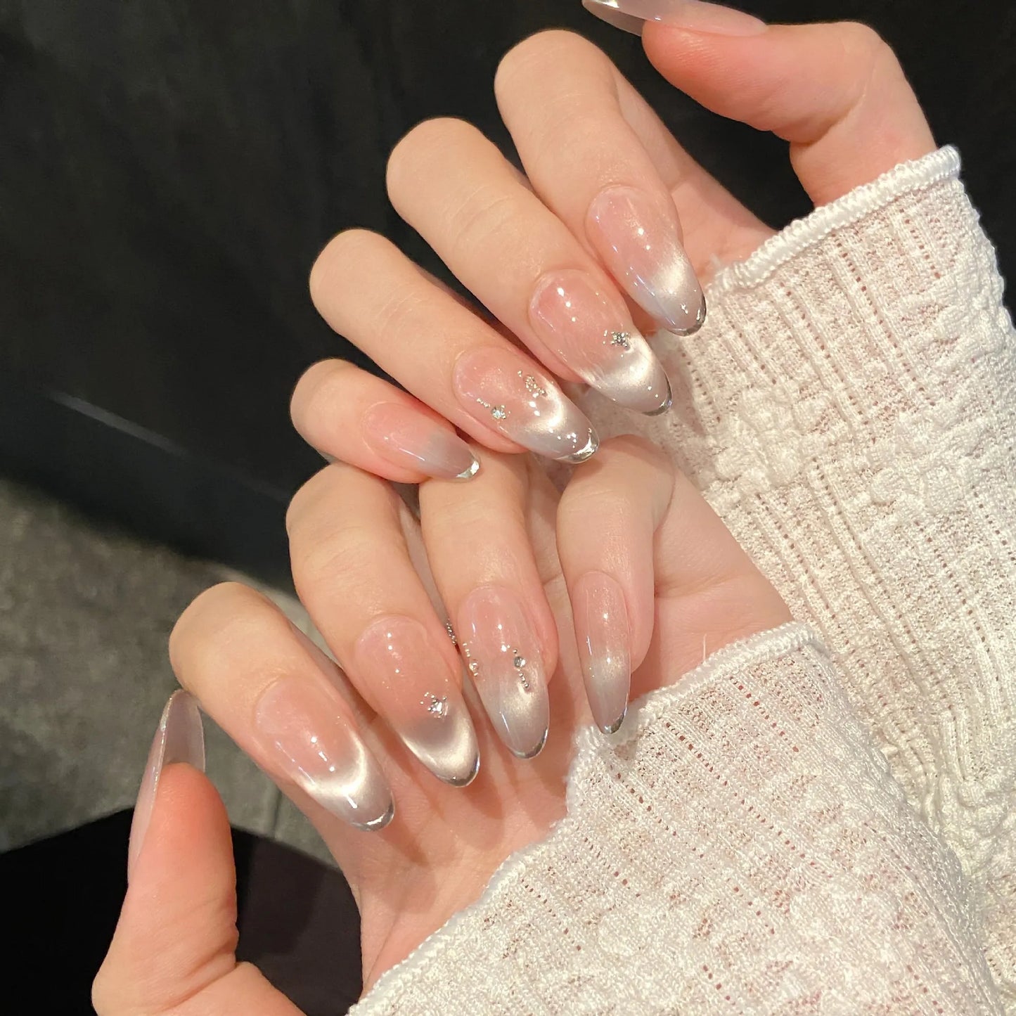 Handmade Press-On Nails Pink Gem Cat Eye French Tips | 10pcs
