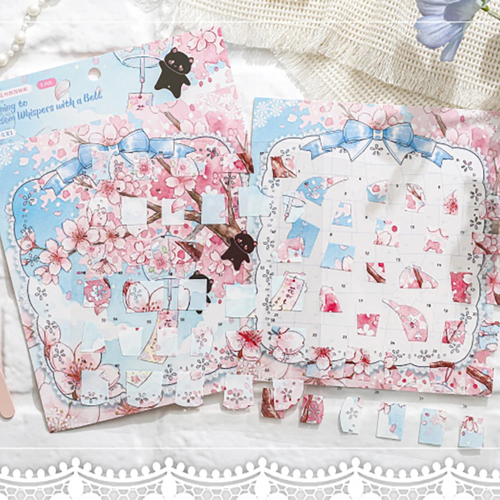 Cute Cat Cherry Blossom Rain Series Puzzle Stickers Four Theme