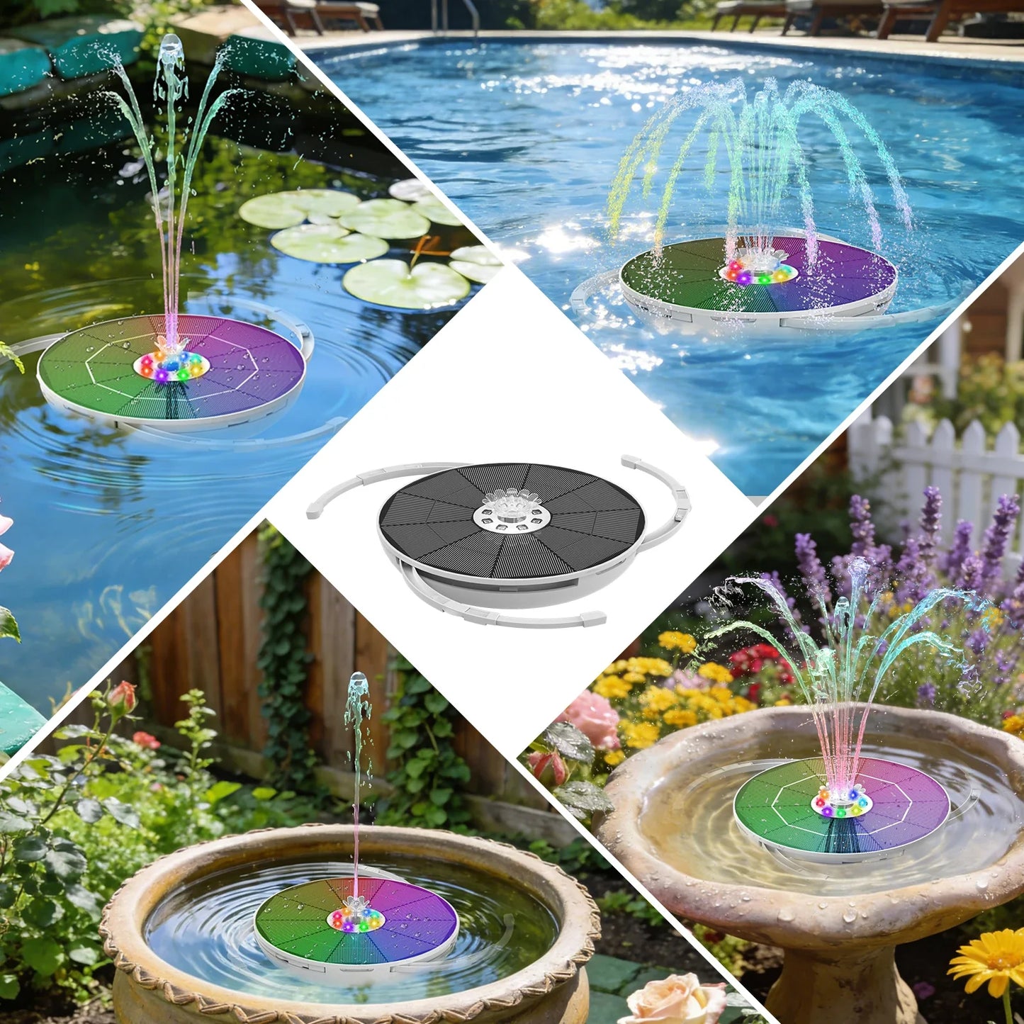 6.5W Solar Bird Bath Fountain Pump – LED Lights & 3000mAh Battery