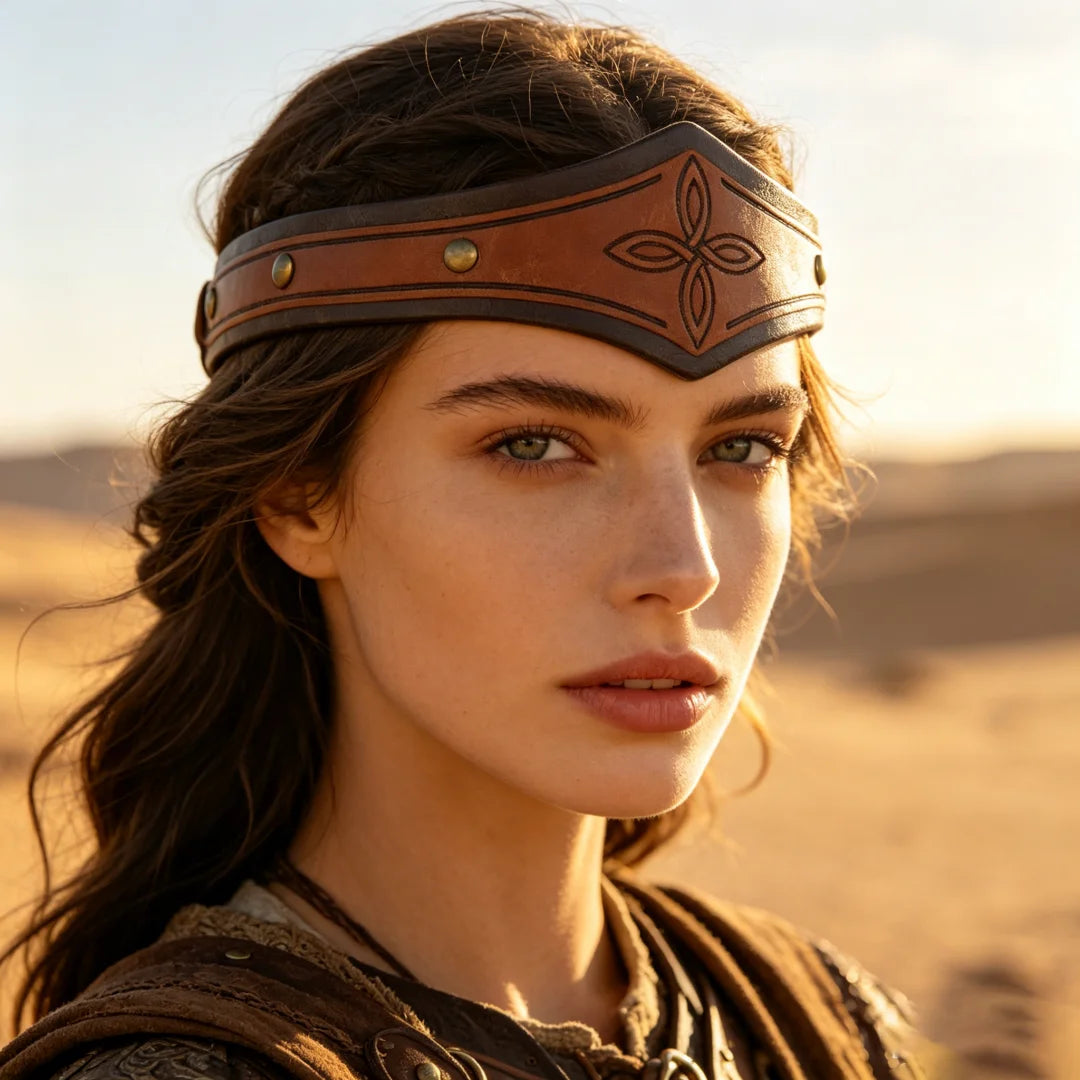 Medieval Celtic Embossed Leather Headband Viking Rivet Hair Band