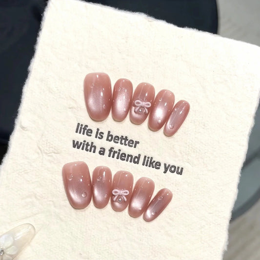 Handmade Press-On Nails | Bow Cat's Eye Blush Almond | YADORNOS Press-On Nails Peaceful Pleasures Health and Wellness L 1