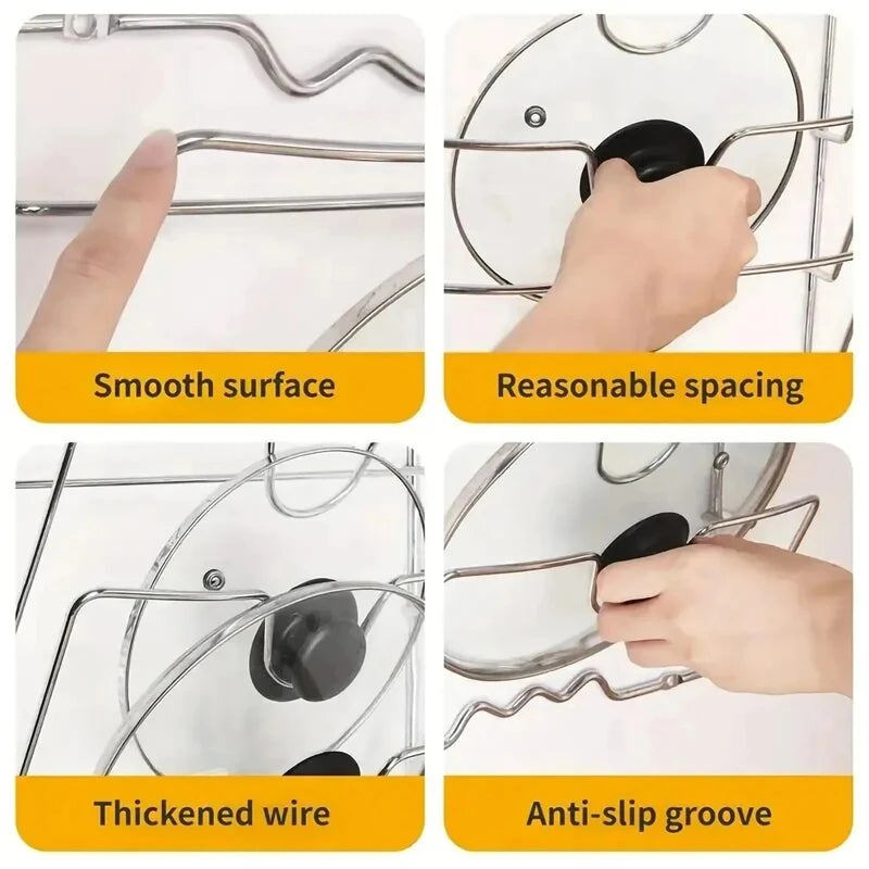 5-Layer Stainless Steel Pot Lid & Kitchen Organizer Rack – Wall Mount or Cabinet Door Storage for Lids, Cutting Boards & Trays