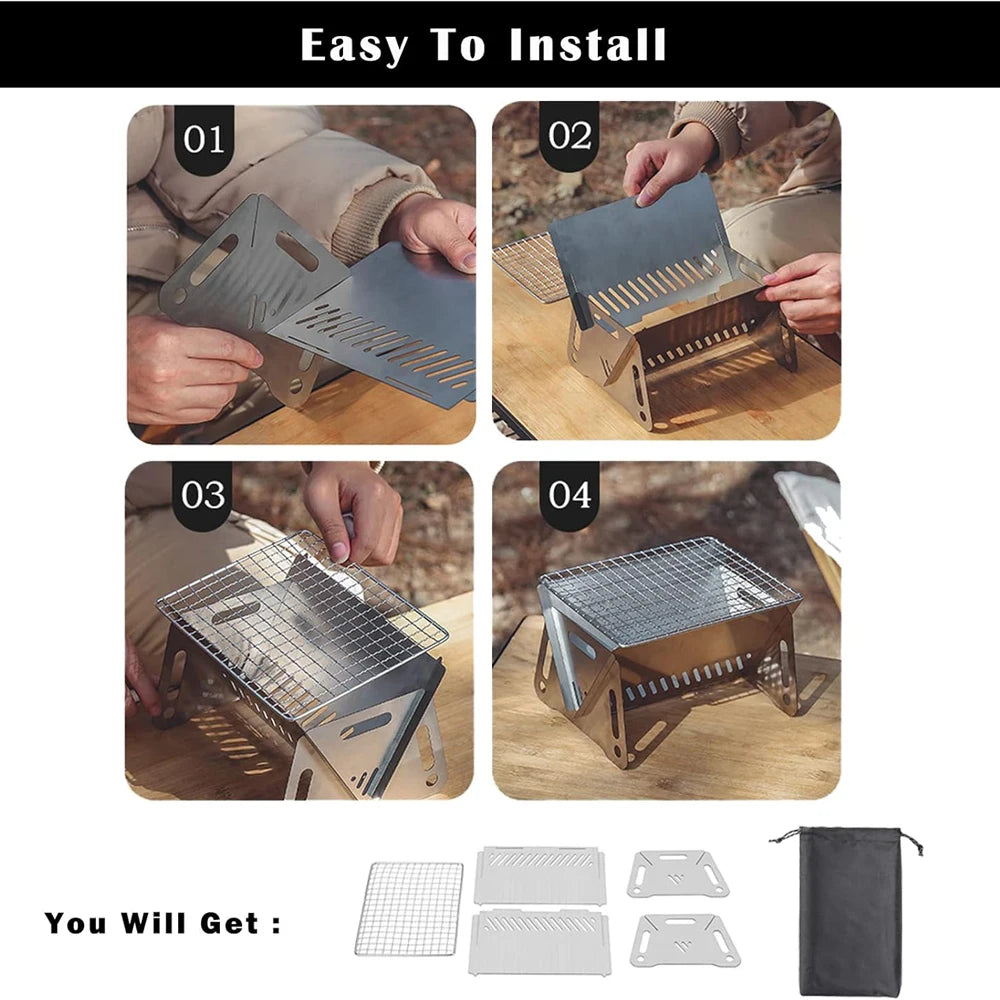 Backpacking Stove Folding Stainless Steel Charcoal Grill BBQ Wood Burning Camp Stove for Hiking Picnic Garden Backyard Cooking Peaceful Pleasures Health and Wellness