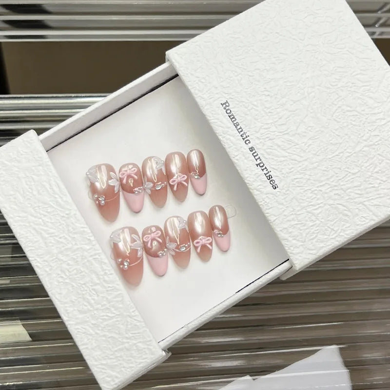 10pcs Handmade Sweet Bow Press on Nails Glass Bead Cat Eyes Design INS Korean Fake Nails Wearable French Almond False Nails Peaceful Pleasures Health and Wellness