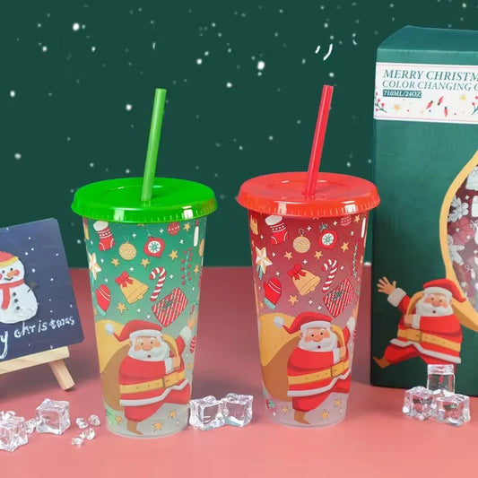 Christmas Color Changing Straw Cup | Santa Design 800ml Holiday Drinkware Peaceful Pleasures Health and Wellness