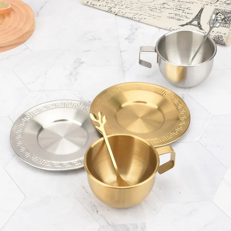 Hot 250ML Stainless Steel Small Cup with Handle Double Layer Hot Resistant Water Coffee Tea Cup Set with Plate and Spoon Cup Peaceful Pleasures Health and Wellness