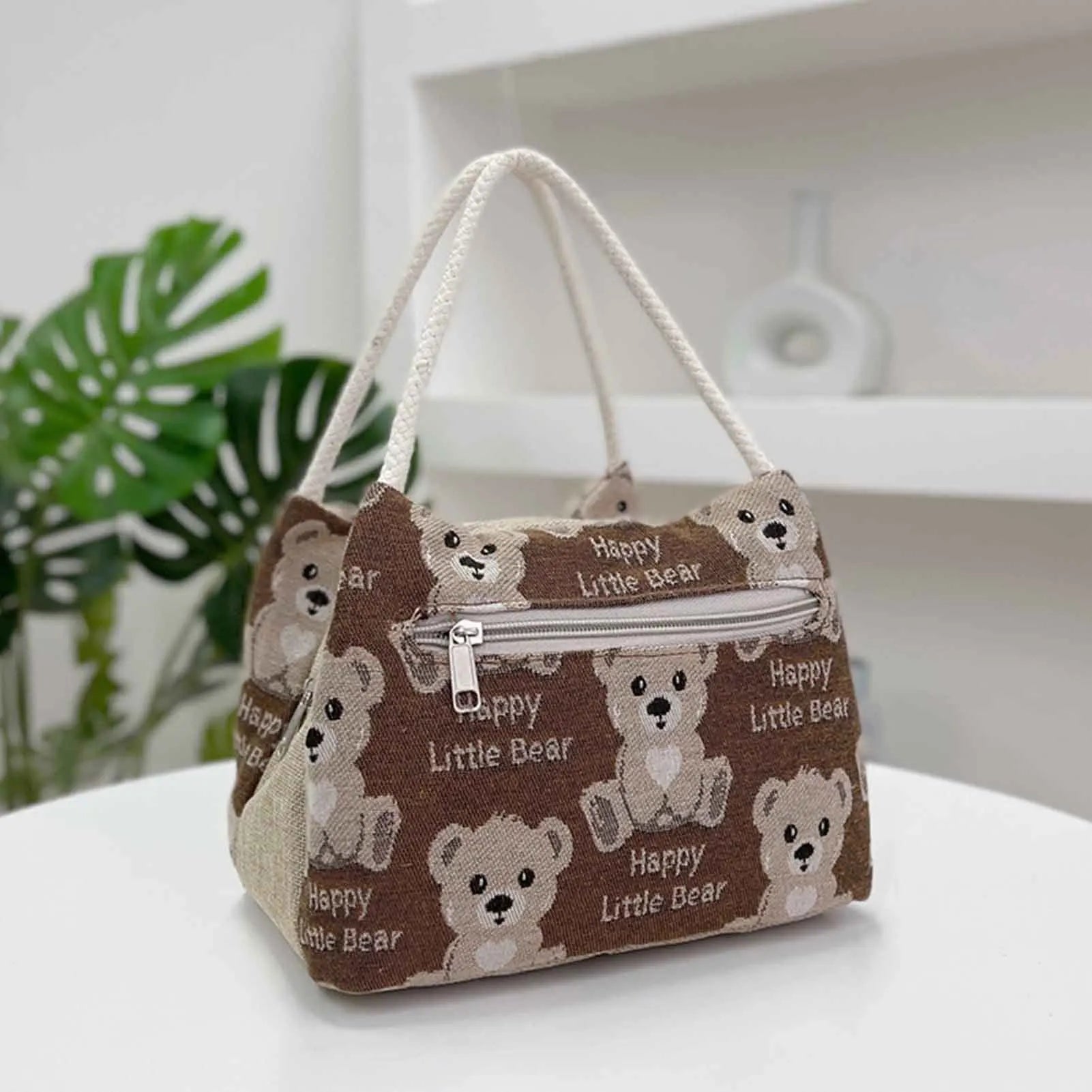 Cute Bear Pattern Lunch Tote Pouch Portable Large Capacity Storage Bag for Outdoor Picnic Hiking Camping Peaceful Pleasures Health and Wellness