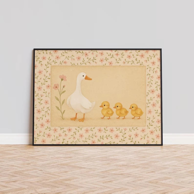 Retro Duck & Ducklings Canvas Wall Art Print | Home Decor