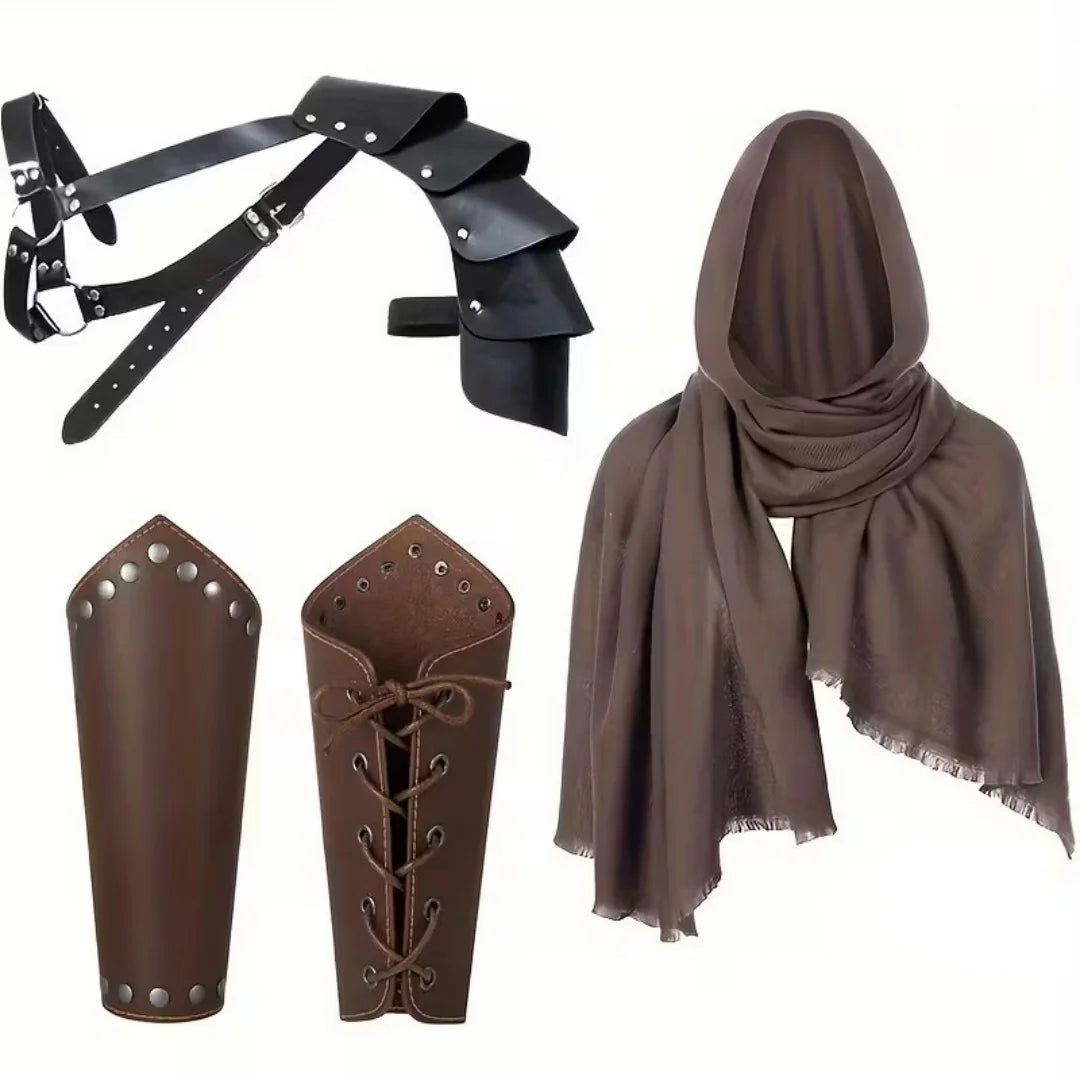 1 Men Vintage Medieval Knight Hooded Cloak Scarf Renaissance Belt