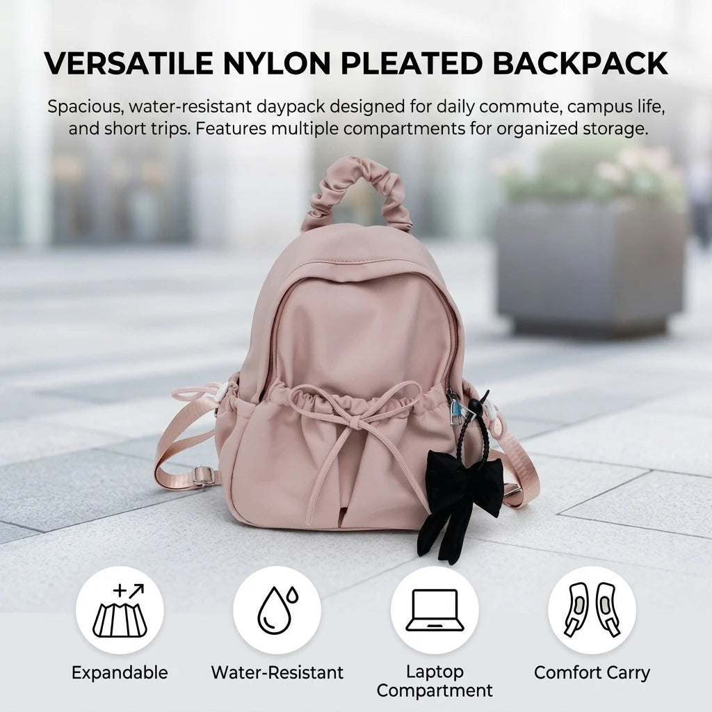 Nylon Pleated Backpack Large Capacity Waterproof Casual Daypack For Travel School Peaceful Pleasures Health and Wellness