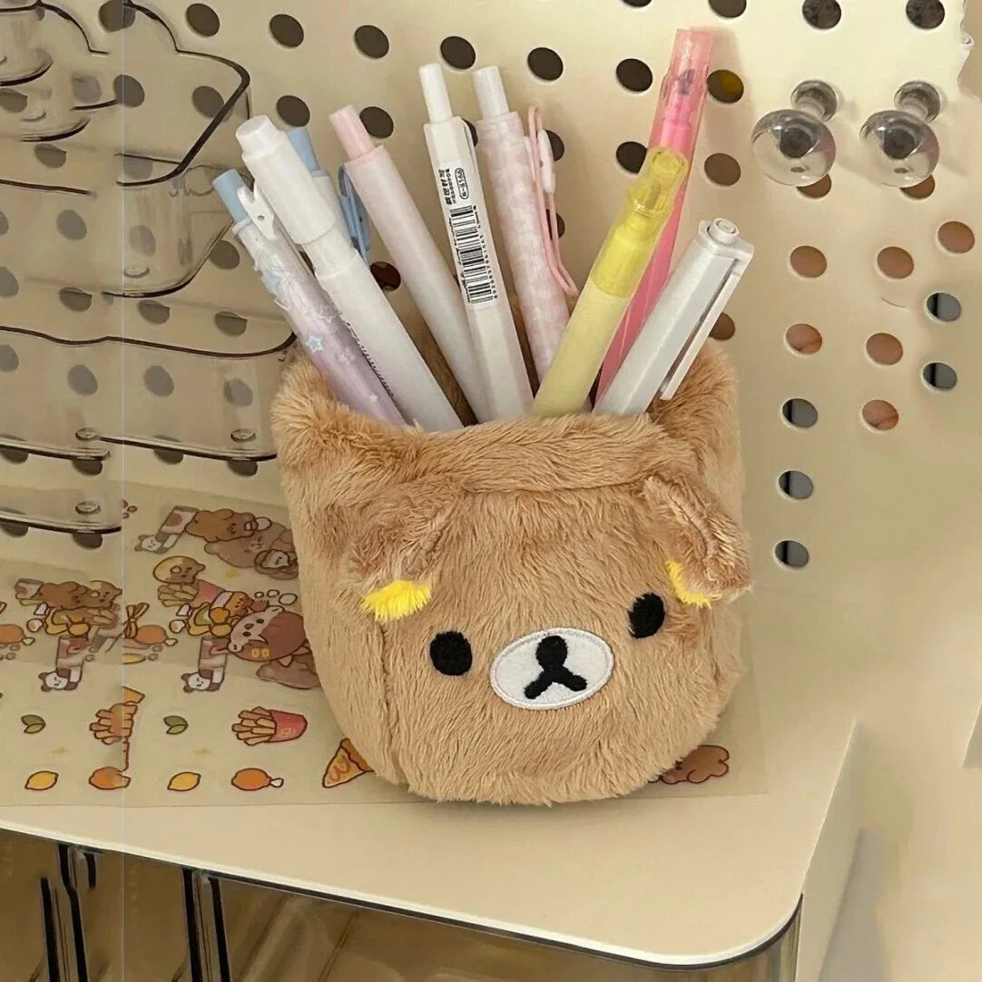 Kawaii Plush Pencil Holder – Bamboo Desk Organizer & Storage Box