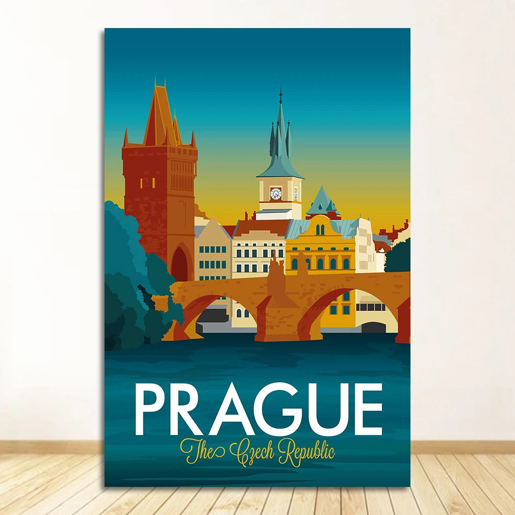 Prague Czech Republic Vintage Travel Canvas Wall Art Poster