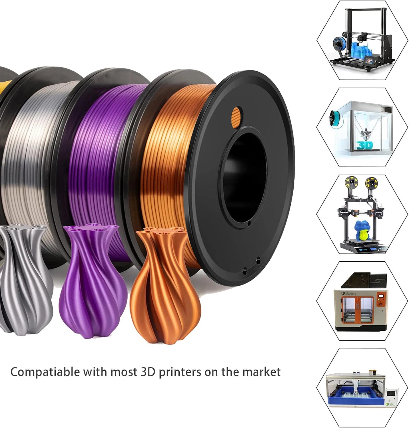 DINGSUN 3D Silk PLA+ Filament 1.75mm 4-Spool Bundle – 1kg