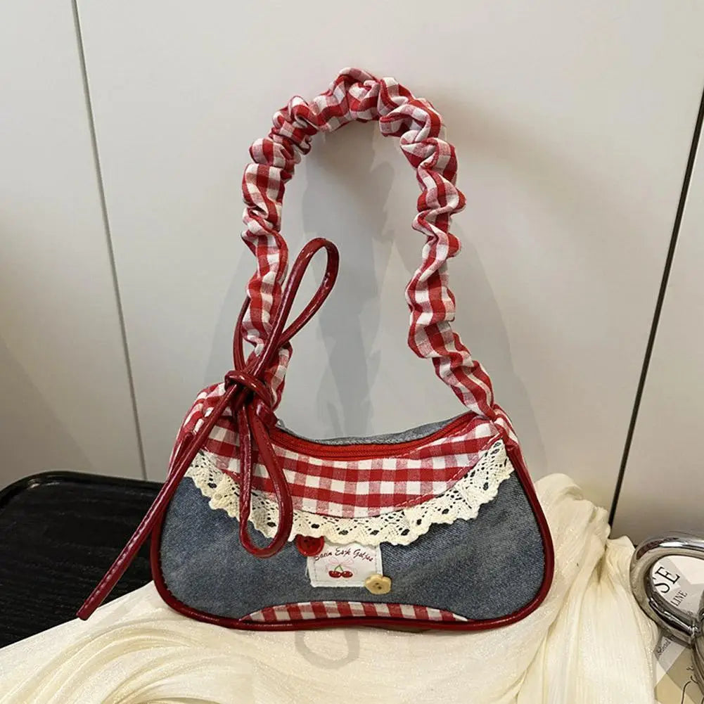 Y2K Checkered Lace Bowknot Shoulder Bag – Cute Crossbody Purse