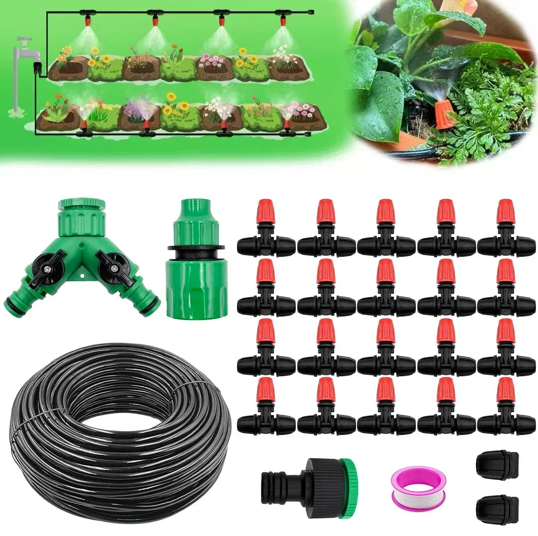 10M-30M Mist Irrigation Kits Plant Watering System, 1/4" Drip Tubing Hose and Two-Ways Connector, Locking Misters,Garden Peaceful Pleasures Health and Wellness