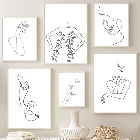 Abstract Woman Face Line Art Canvas Print | Nordic Minimalist Canvas Wall Art Peaceful Pleasures Health and Wellness