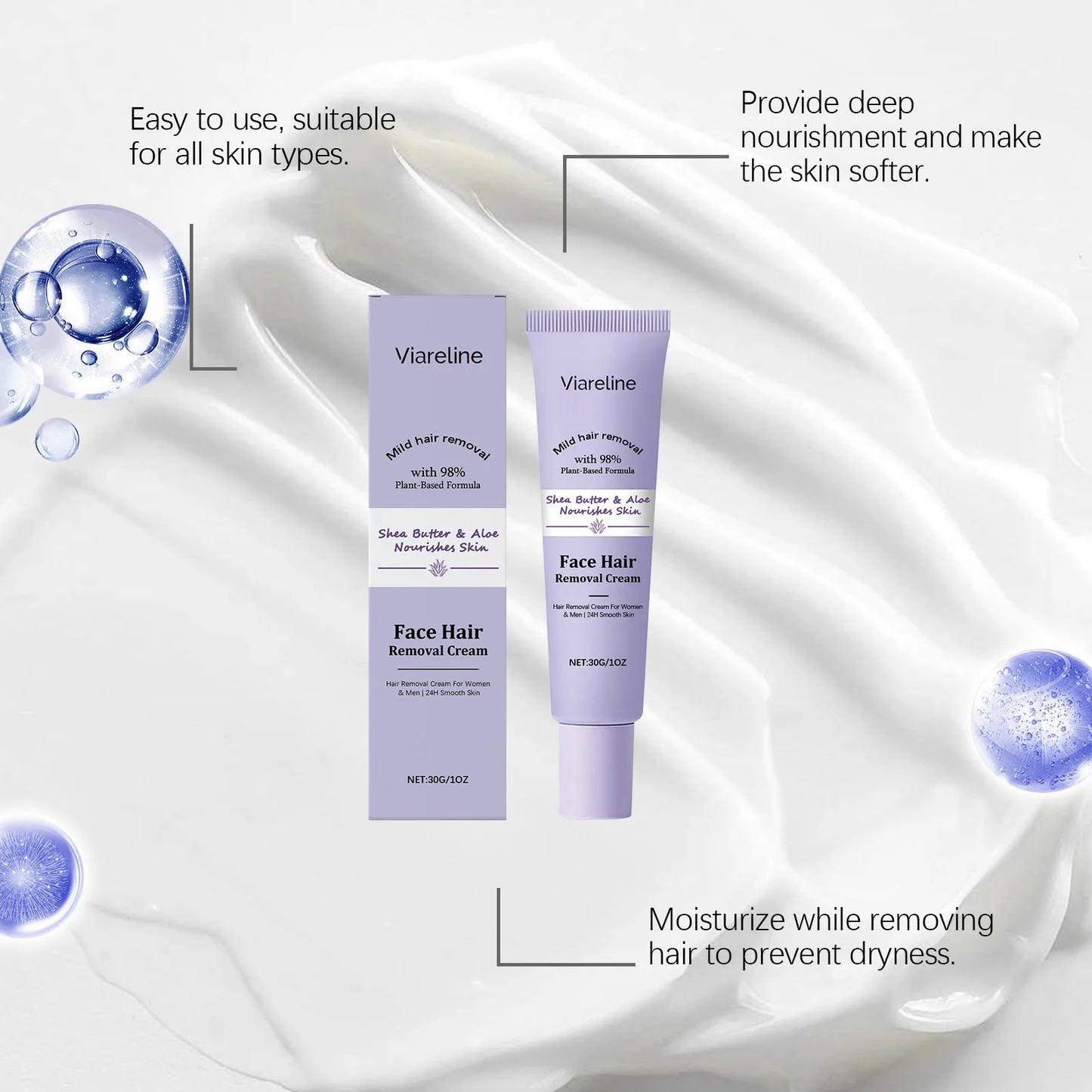 VIARELINE Facial Hair Removal Cream | Smooth & Hydrated Skin 30g