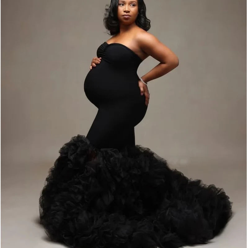 Luxury Mermaid Maternity Dress photoshoot Tulle Ruffles Front Split baby shower dresses for pregnant woman فساتين حوامل Peaceful Pleasures Health and Wellness black 8XL China Mainland