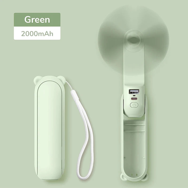 Portable Handheld Fan Mini Electric Fans USB 2000mAh Recharge Hand Held Small Pocket Fan with Power Bank Long Battery Life Peaceful Pleasures Health and Wellness 2000mAh Green