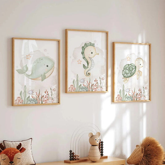 3-Piece Cartoon Ocean Animals Canvas Wall Art | Kids Room Decor Canvas Wall Art Set Peaceful Pleasures Health and Wellness G4430-3pcs 30x40cm Unframed