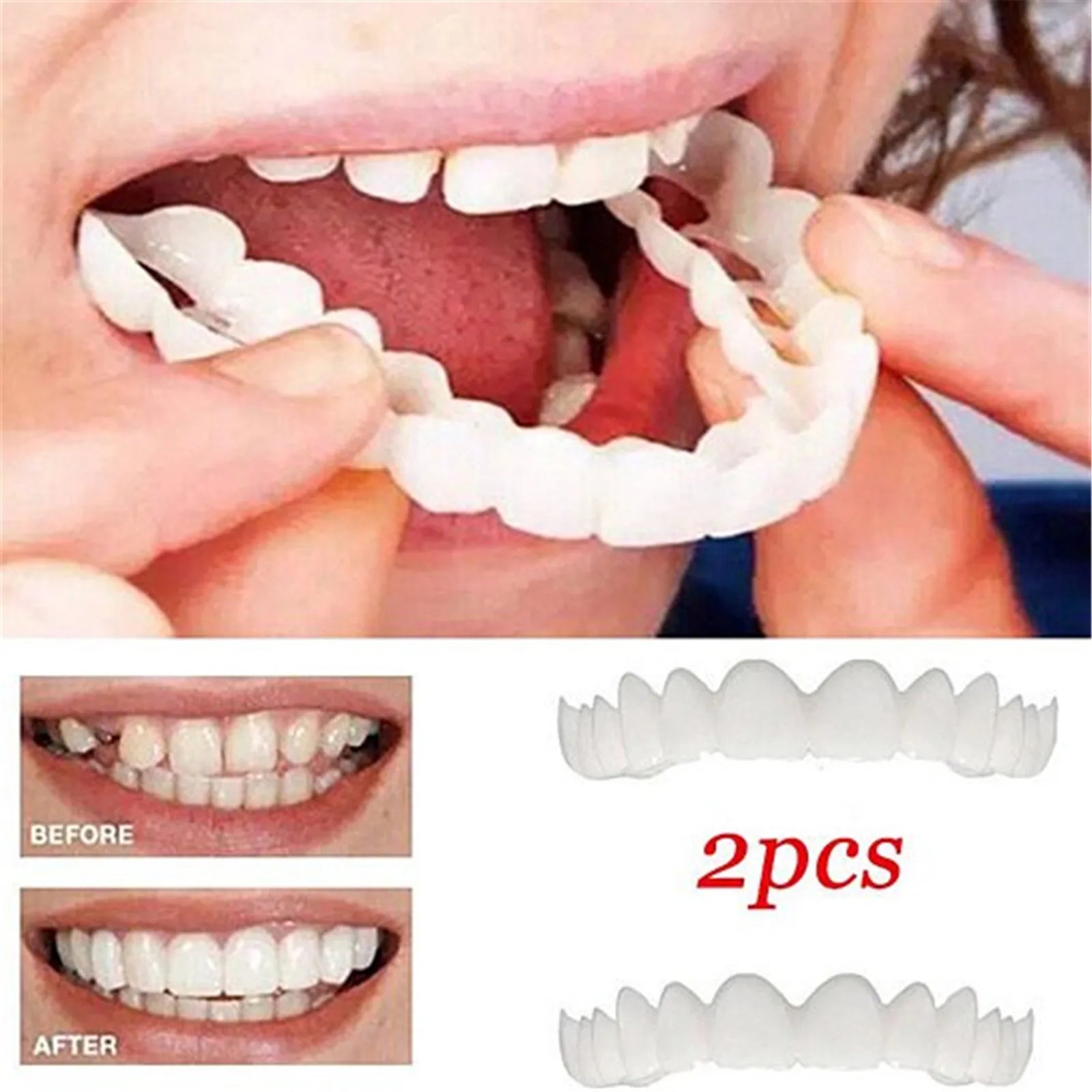 Upper Lower Temporary Comfort Fit Fake Teeth Cosmetic Denture Smile Veneers False Teeth Brace Cover With Gutta Percha Glue Gel Peaceful Pleasures Health and Wellness white