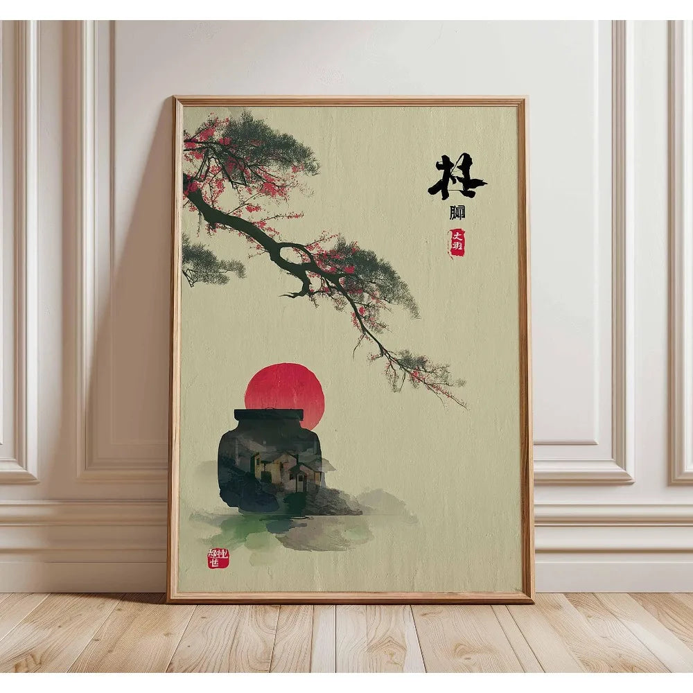 1 Frameless Japanese Tree Poster,Retro Landscape Painting,Natural Wall Art Print,Peaceful Landscape Art,Spring Flower Decoration Peaceful Pleasures Health and Wellness