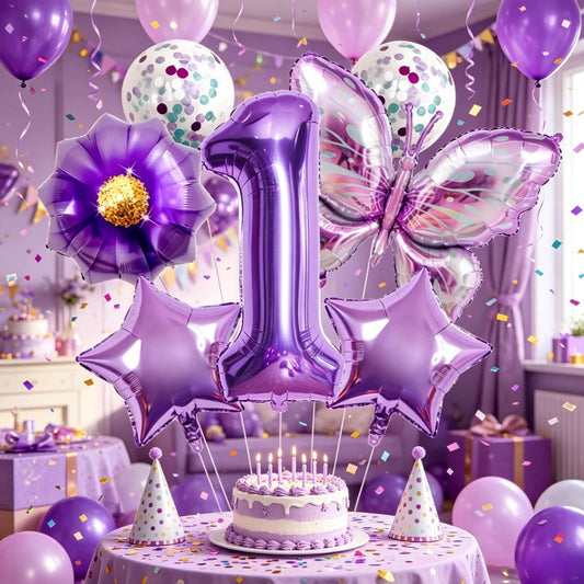 Purple Butterfly Flower 32 Inch Digital Aluminum Film Balloon Set for Children's Birthday Party Decoration Scene Arrangement Peaceful Pleasures Health and Wellness