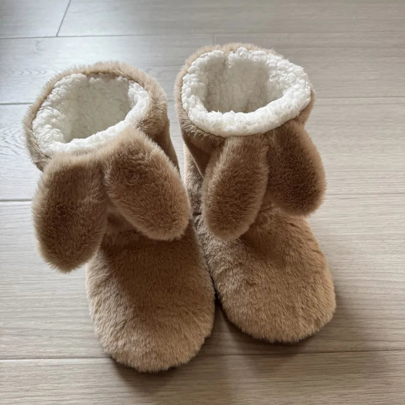 Women's Rabbit Ear Fuzzy Plush Slipper Boots | Warm Indoor Shoes