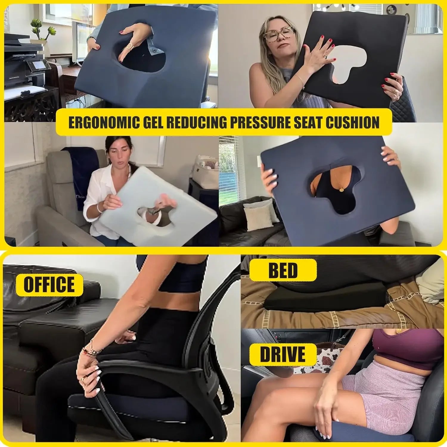 Gel Memory Foam Seat Cushion for Pressure Relief, Sciatica, and Back Pain - Universal Fit 18x15 Inches Black Peaceful Pleasures Health and Wellness