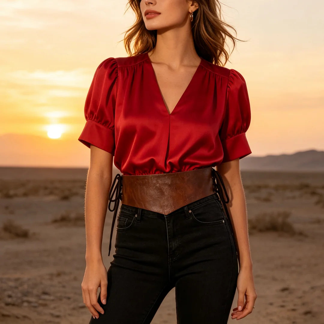 Retro V-shaped Waist Belt Rivets PU Leather Wide Waistband Suitable