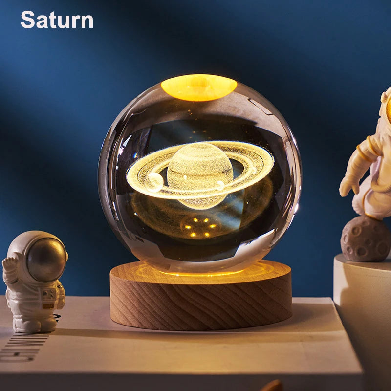 6cm 3D Crystal Ball Decoration 2026 Astronomy Solar System Planets Moon Astronaut LED Balls Home Snow Glass Globe Decorations Peaceful Pleasures Health and Wellness Saturn USB Plug
