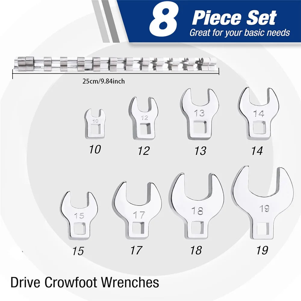 DIY 8 Pcs 3/8 Inch Drive Crowfoot Wrench Set Inch/Metric Chrome Plated Crow Foot Metric Key Professional Hand Tools Job Tools Peaceful Pleasures Health and Wellness The Metric System